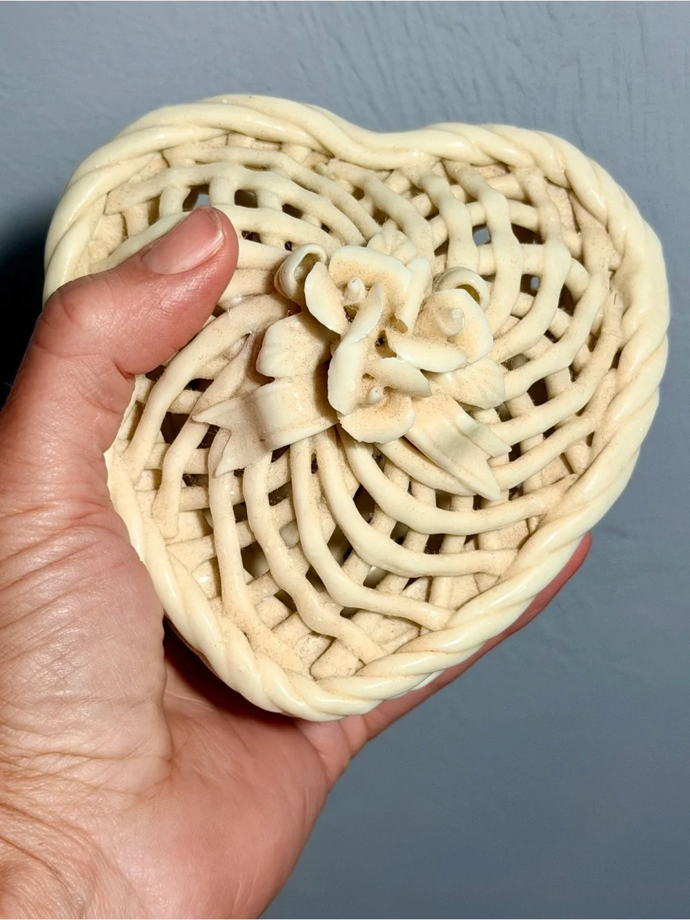 Vintage Ivory Lattice Heart shaped Ceramic Trinket Basket